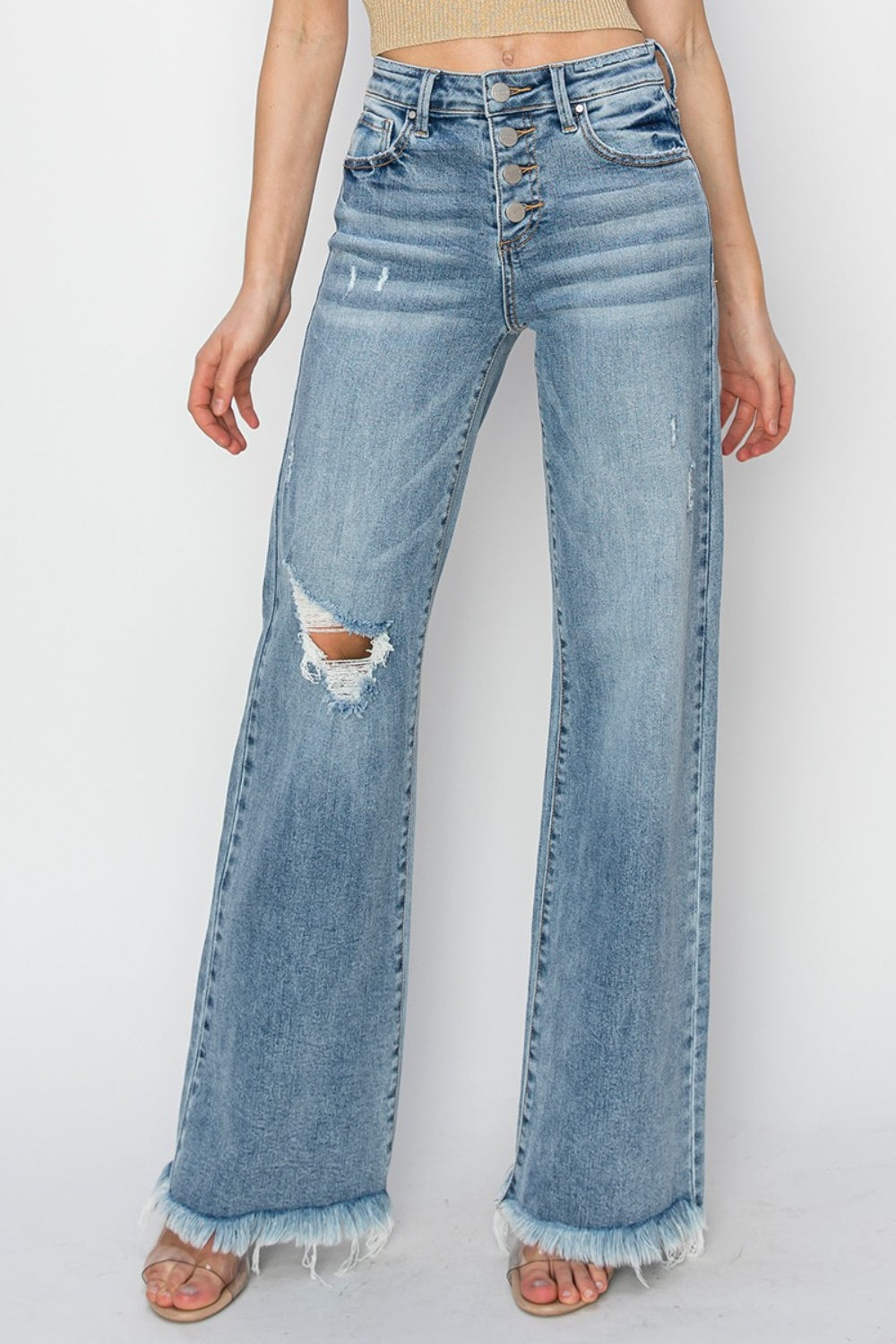 SHIRLYN Mid Rise Button Fly Wide Leg Jeans