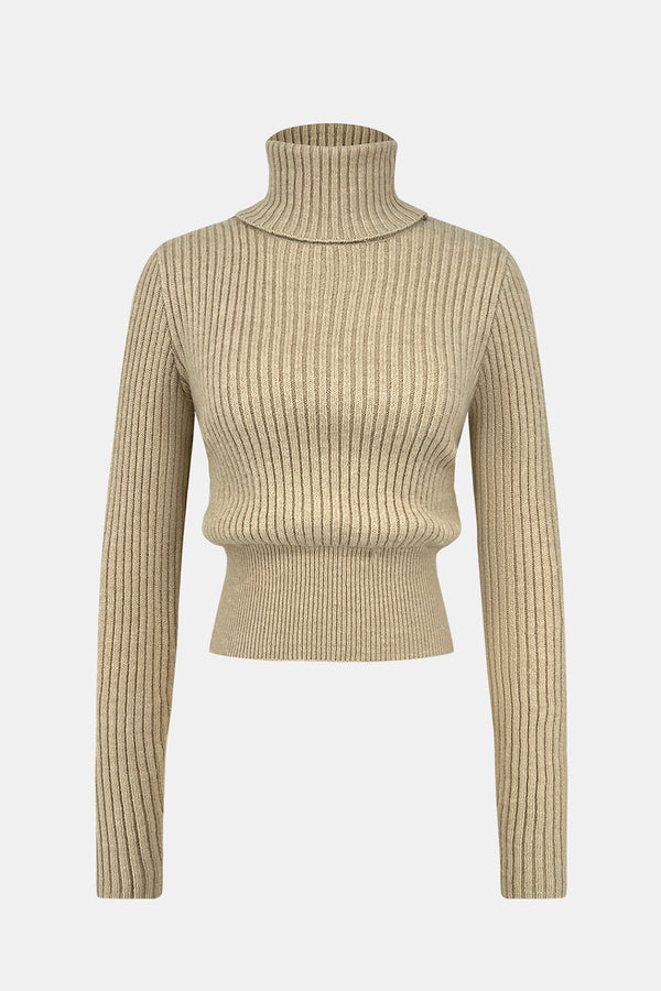 SHIRLYN Ribbed Turtleneck Long Sleeve Sweater