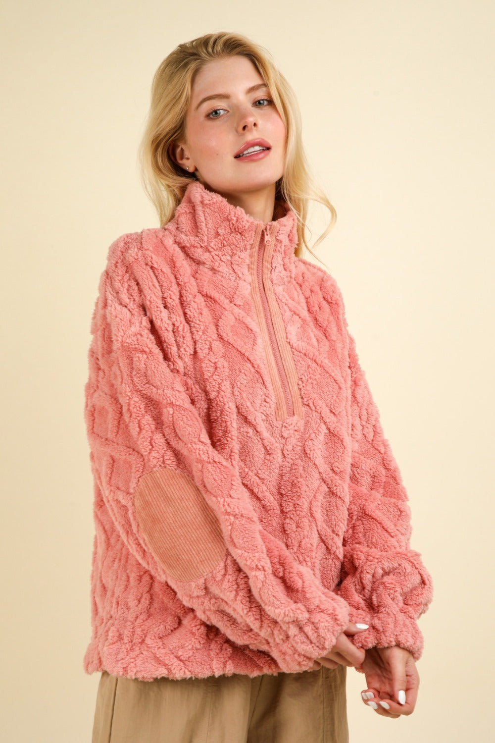 SHIRLYN Fuzzy Fleece Half Zip Cable Pattern Sweatshirt