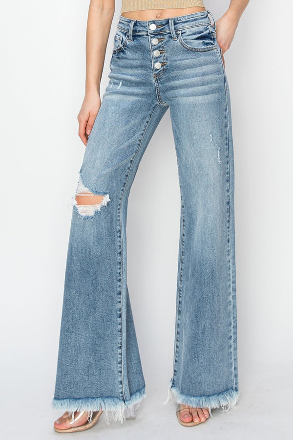 SHIRLYN Mid Rise Button Fly Wide Leg Jeans