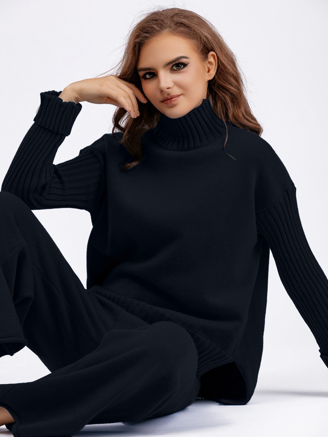 SHIRLYN High- Low Turtleneck Long Sleeve Top and Pants Sweater Set