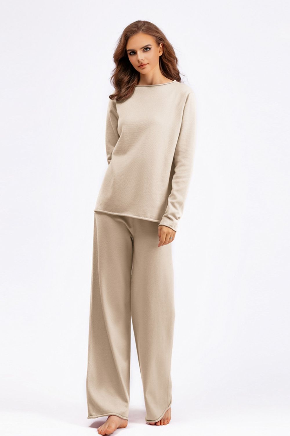 SHIRLYN Rolled Round Neck Top and Pants Sweater Set