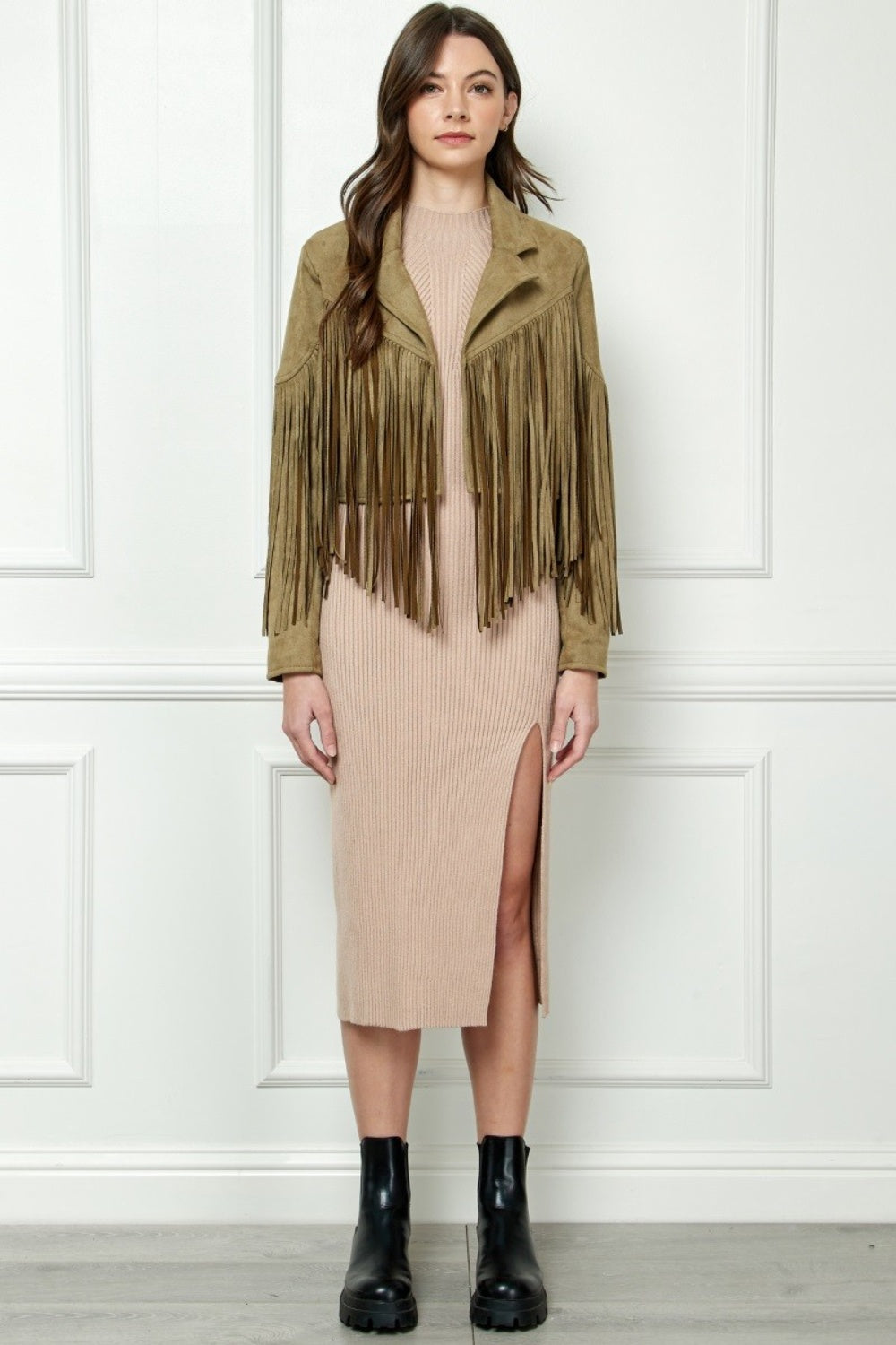 SHIRLYN - Veveret Suede Fringe Long Sleeve Moto Jacket