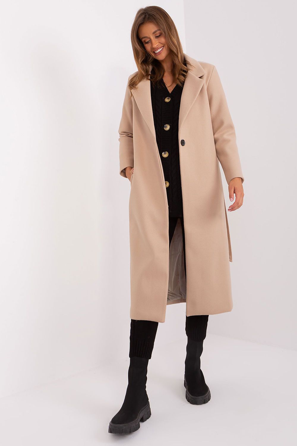 SHIRLYN Long Transitional Coat - Durable Polyester with Tie Belt