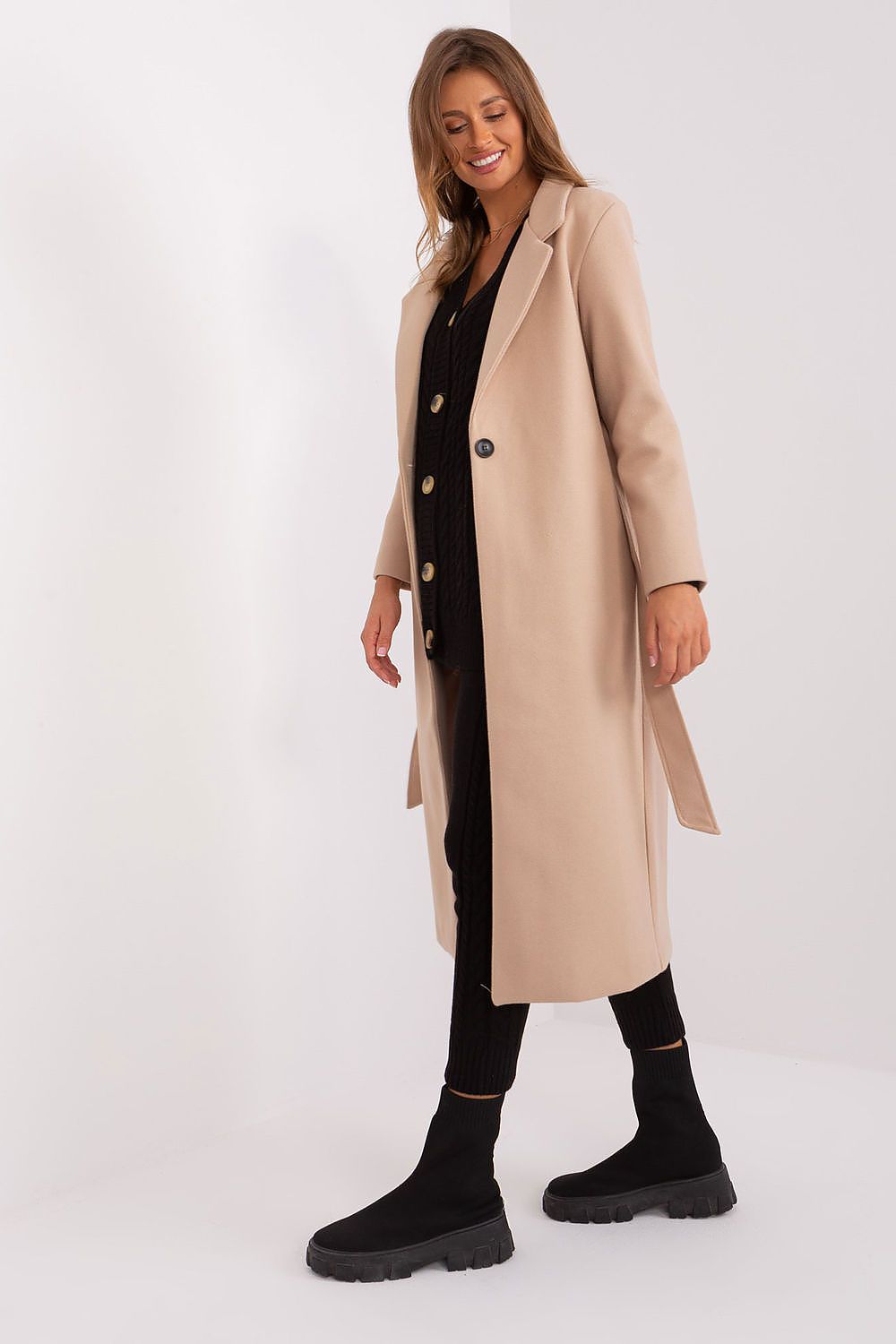 SHIRLYN Long Transitional Coat - Durable Polyester with Tie Belt