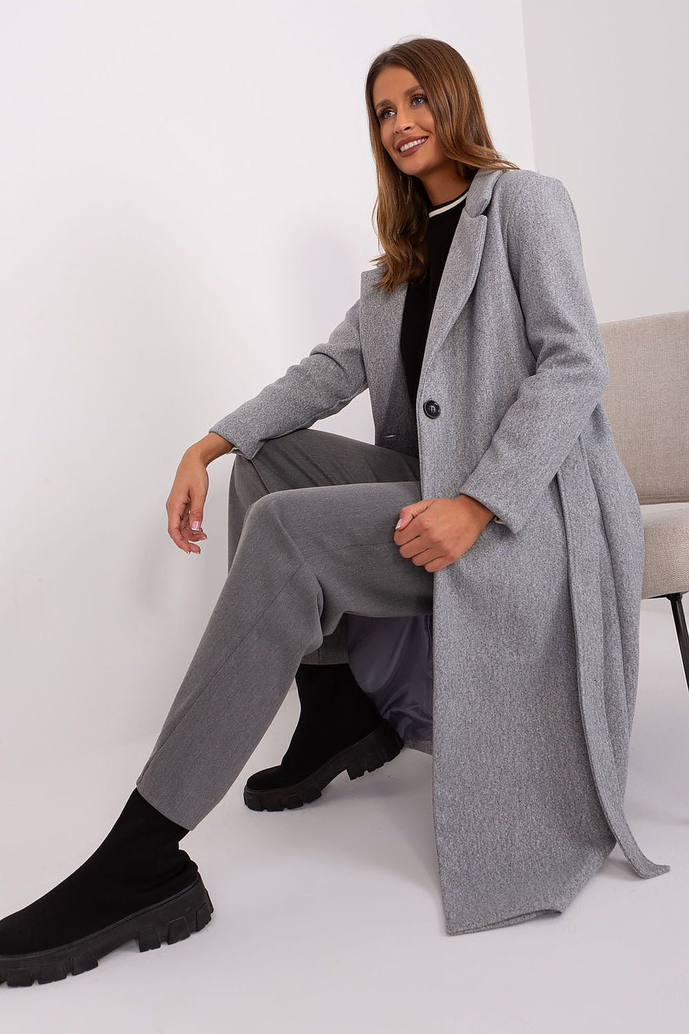 SHIRLYN Long Transitional Coat - Durable Polyester with Tie Belt