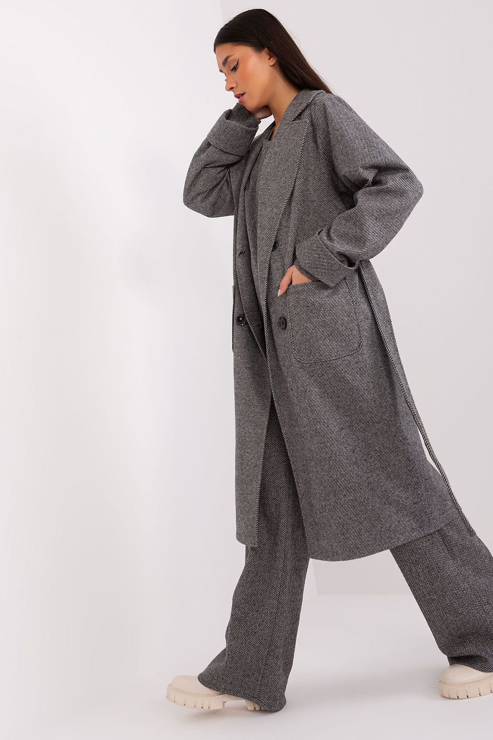 SHIRLYN Classic Transitional Coat - Pepite Pattern with Tie Belt