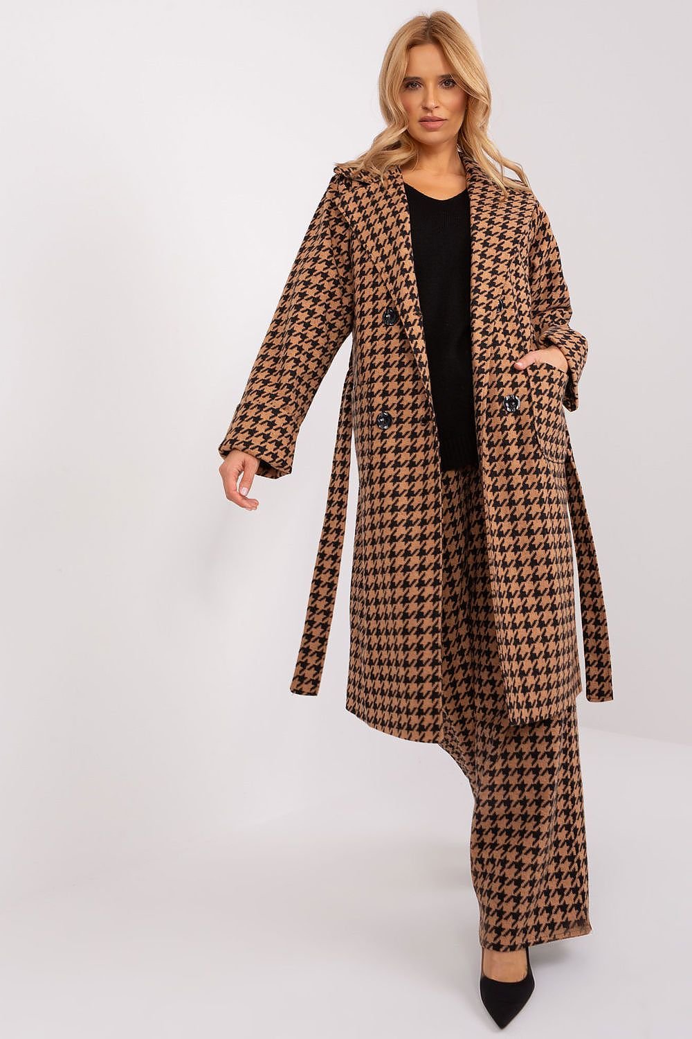 SHIRLYN Classic Transitional Coat - Pepite Pattern with Tie Belt