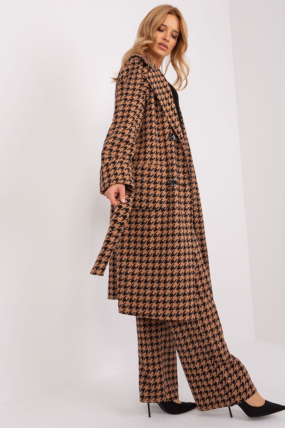 SHIRLYN Classic Transitional Coat - Pepite Pattern with Tie Belt