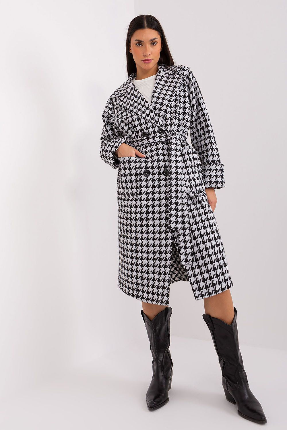 SHIRLYN Classic Transitional Coat - Pepite Pattern with Tie Belt