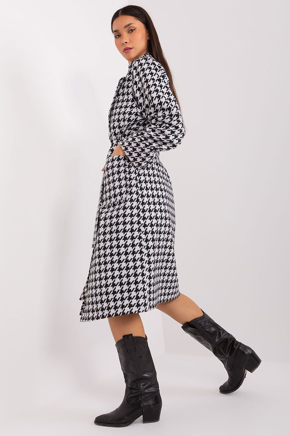 SHIRLYN Classic Transitional Coat - Pepite Pattern with Tie Belt