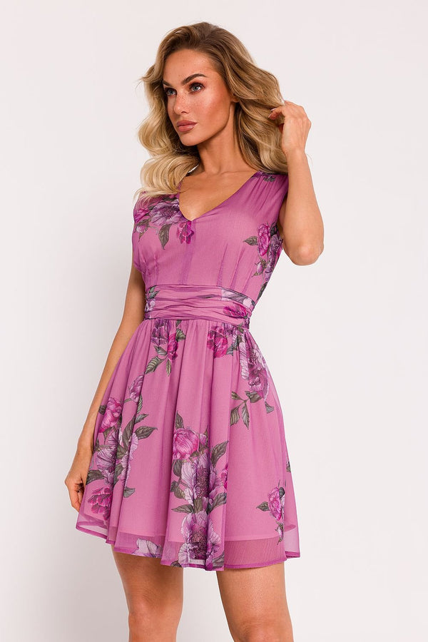 SHIRLYN Elegant Polish Chiffon Mini Dress with V-Neck and Crinkled Belt