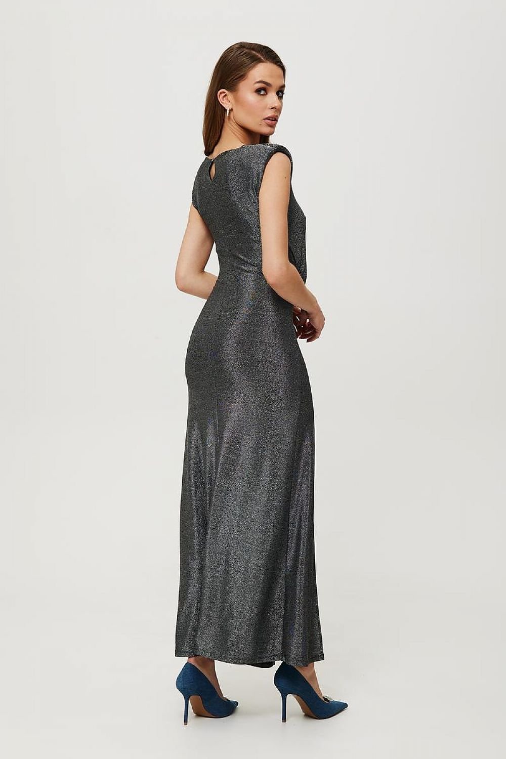 Metallic Thread Tube Dress with Draping and High Slit