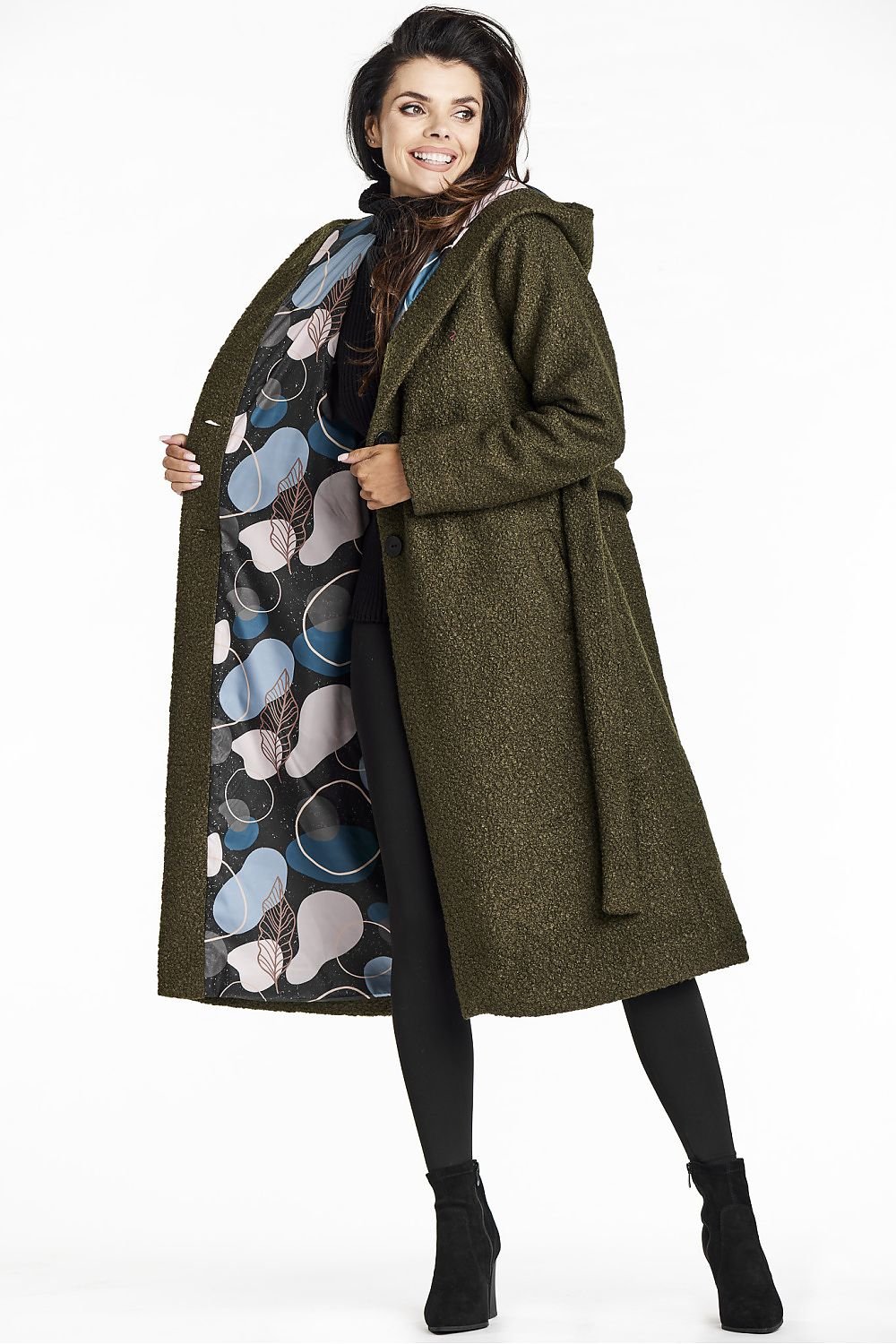 SHIRLYN Elegant Women's Coat with Shawl Collar & Hood, Bouclé Fabric