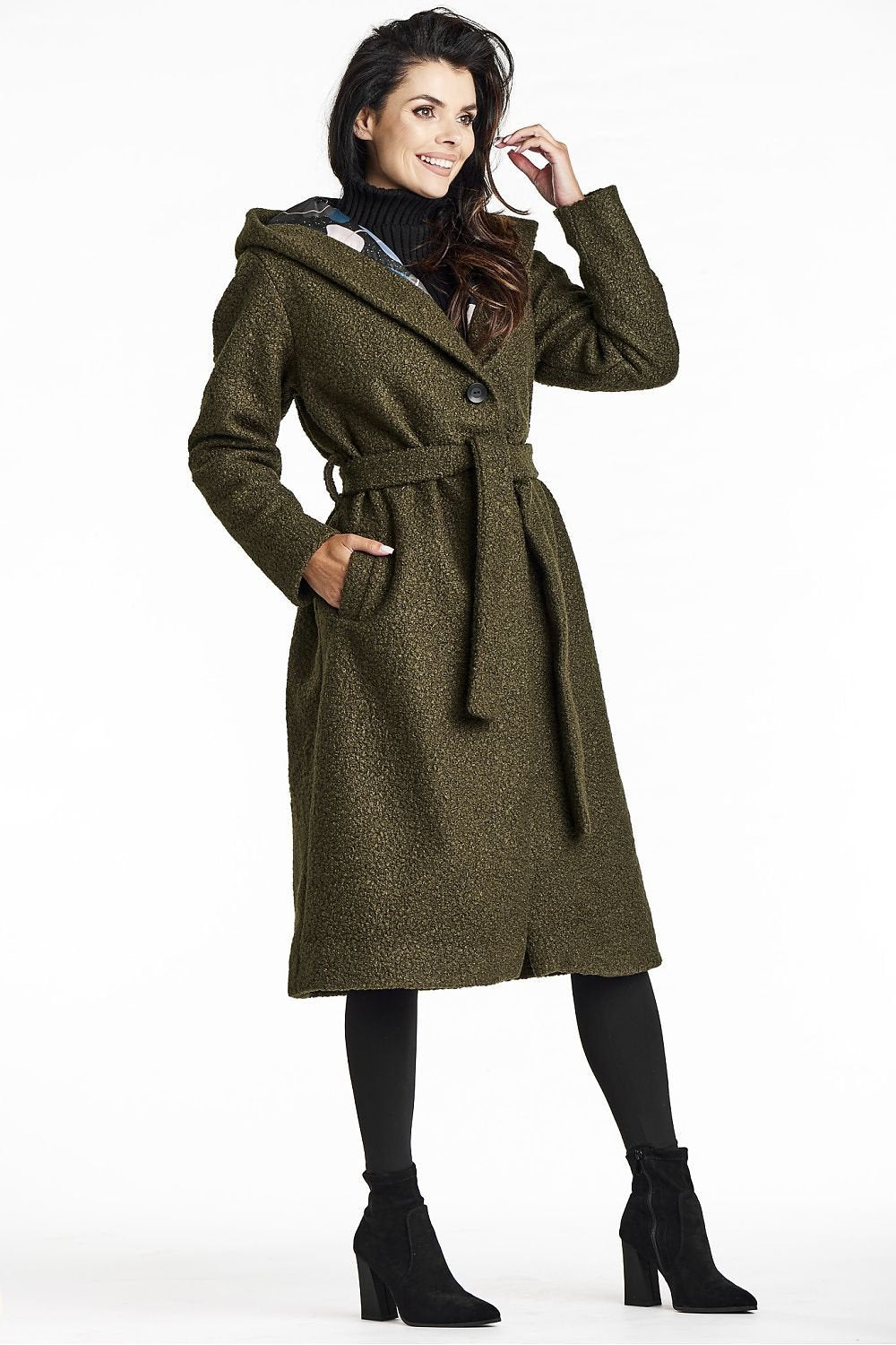 SHIRLYN Elegant Women's Coat with Shawl Collar & Hood Bouclé Fabric, Waist Belt