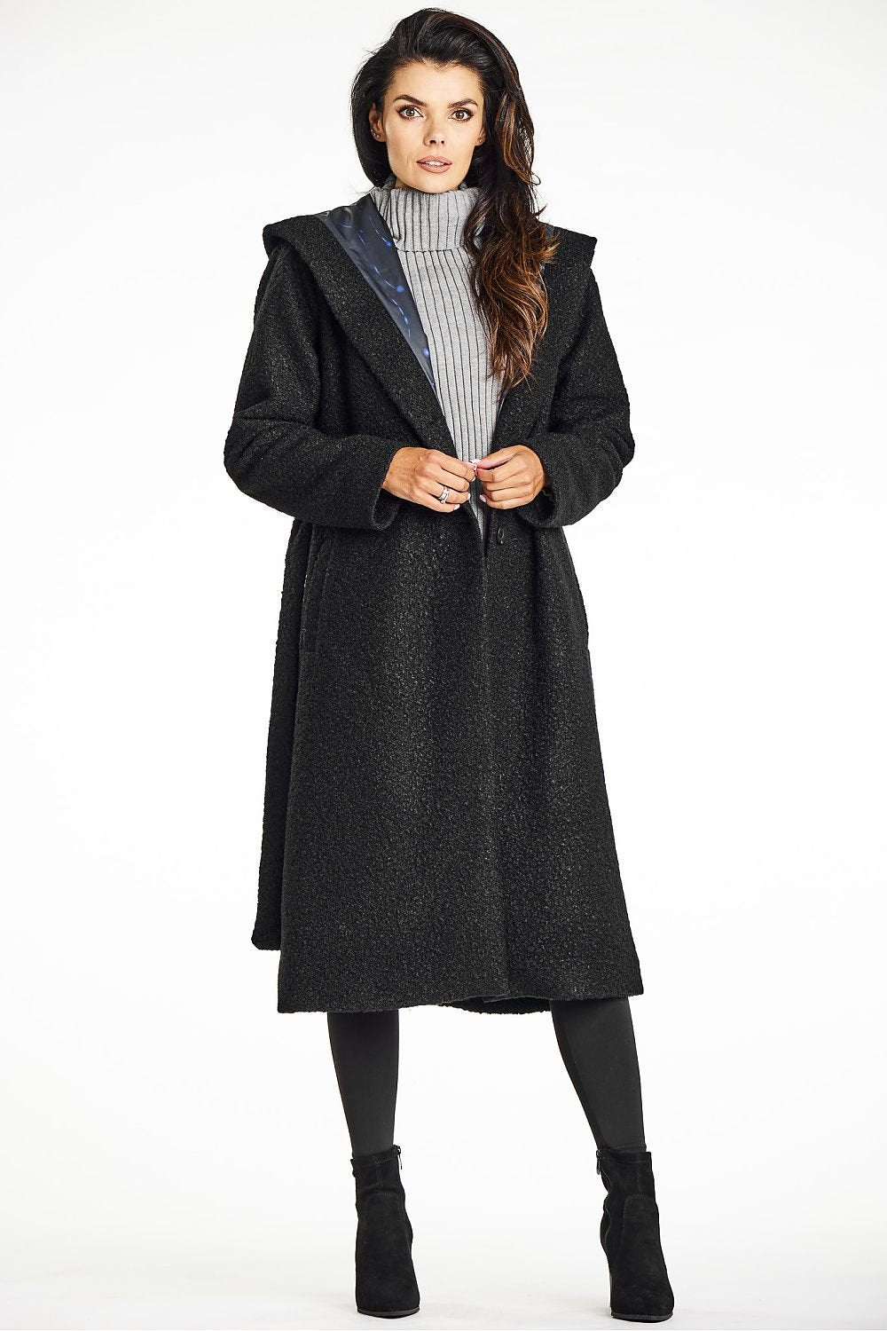 SHIRLYN Elegant Women's Coat with Shawl Collar & Hood Bouclé Fabric, Waist Belt