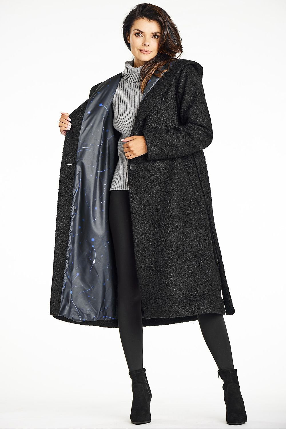 SHIRLYN Elegant Women's Coat with Shawl Collar & Hood Bouclé Fabric, Waist Belt