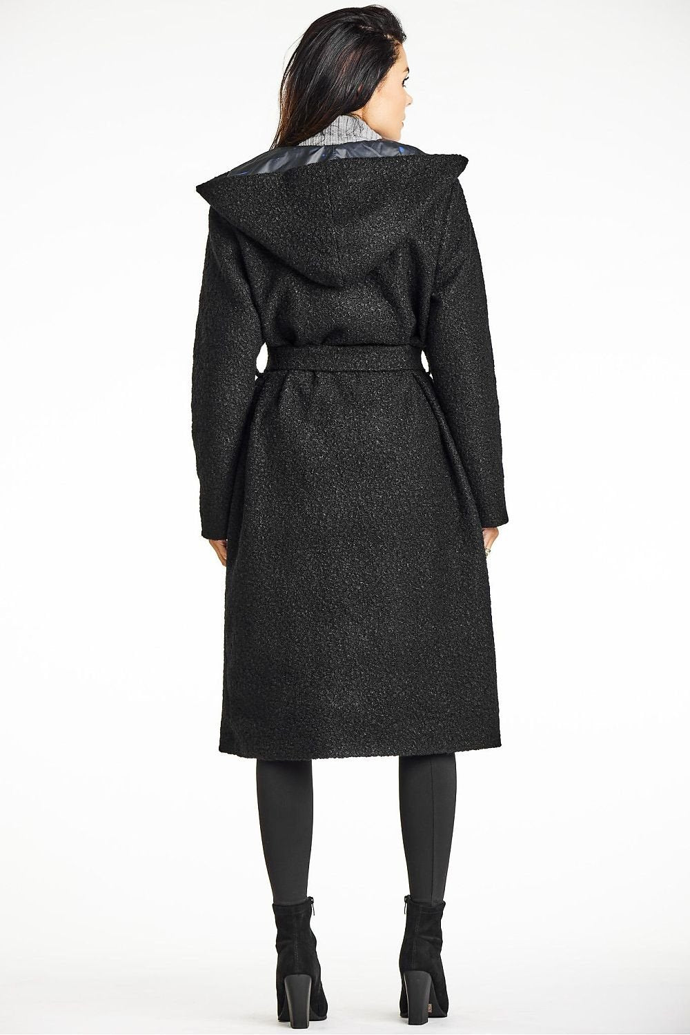 SHIRLYN Elegant Women's Coat with Shawl Collar & Hood Bouclé Fabric, Waist Belt