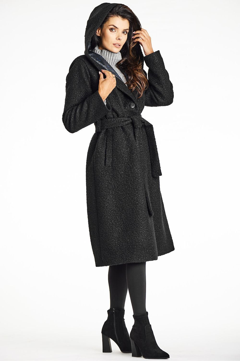 SHIRLYN Elegant Women's Coat with Shawl Collar & Hood Bouclé Fabric, Waist Belt