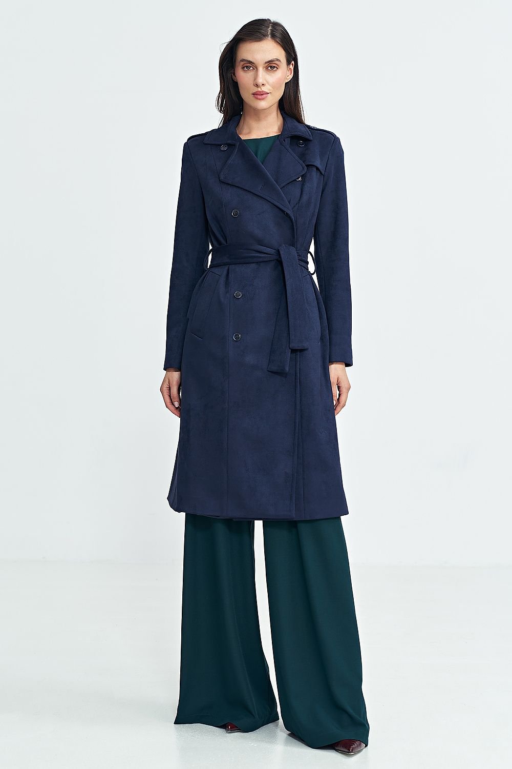 SHIRLYN Women's Timeless Coat with Military Shoulder Details, Belt, Nubuck Material