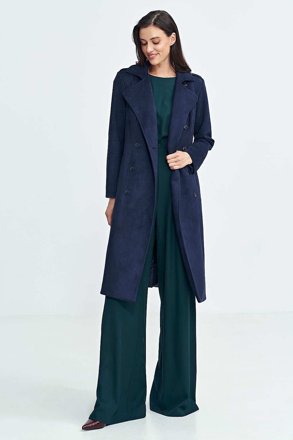 SHIRLYN Women's Timeless Coat with Military Shoulder Details, Belt, Nubuck Material