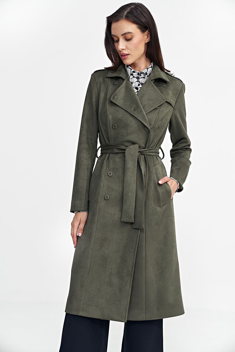 SHIRLYN Women's Timeless Coat with Military Accents Nubuck Material, Belt, Button Closure