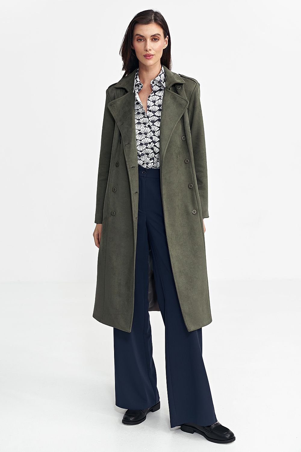 SHIRLYN Women's Timeless Coat with Military Accents Nubuck Material, Belt, Button Closure