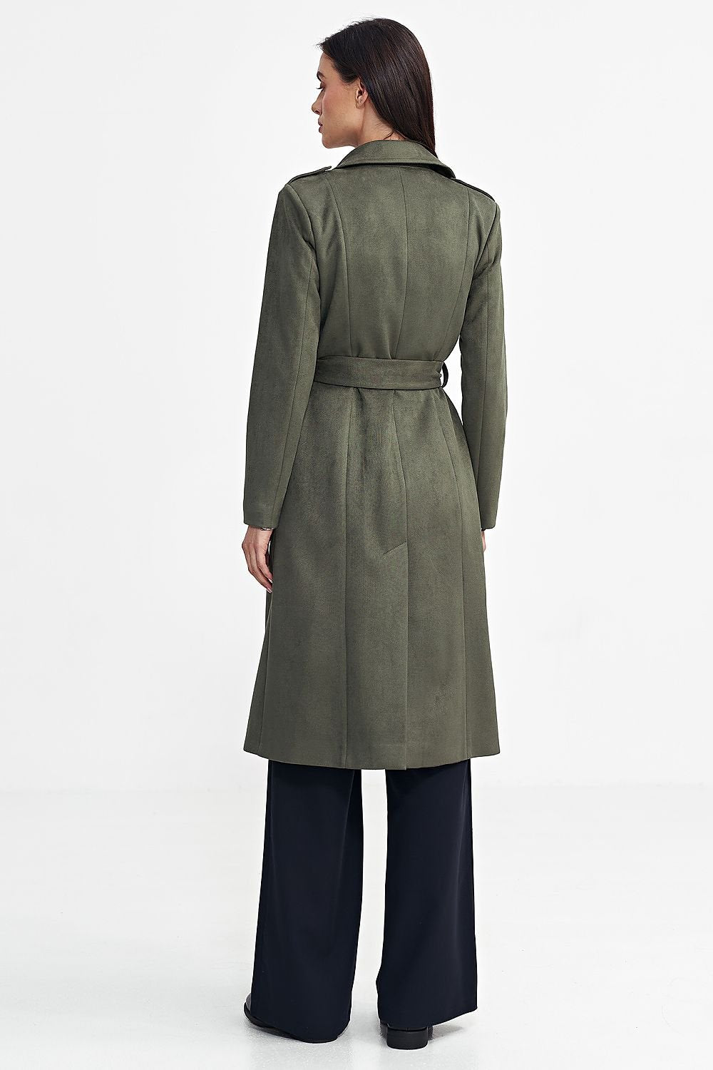 SHIRLYN Women's Timeless Coat with Military Accents Nubuck Material, Belt, Button Closure