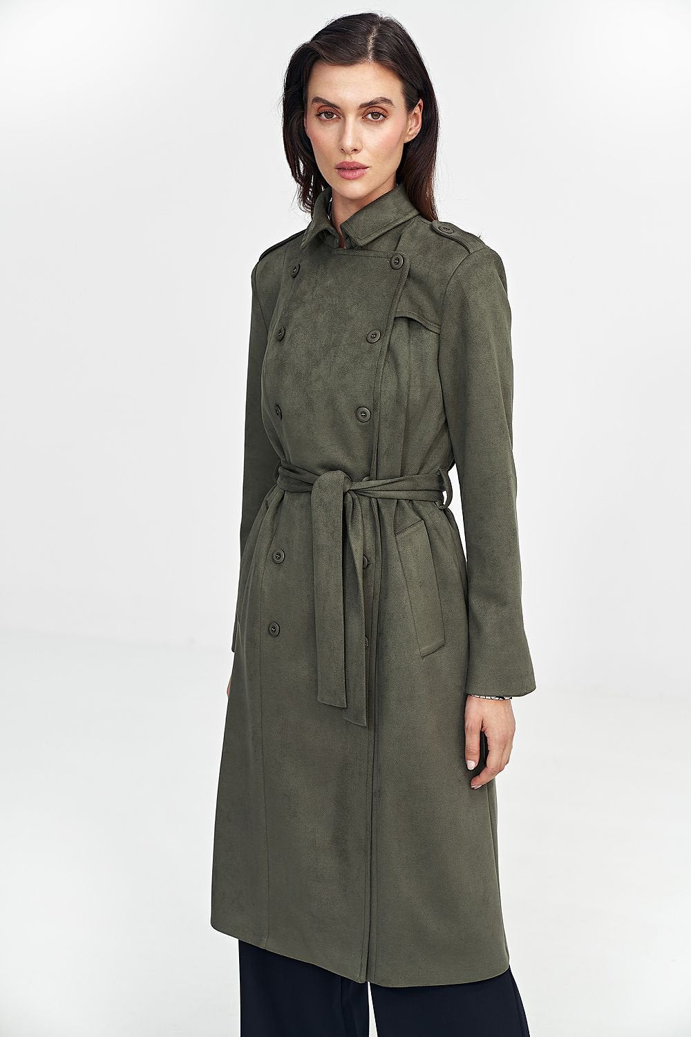 SHIRLYN Women's Timeless Coat with Military Accents Nubuck Material, Belt, Button Closure