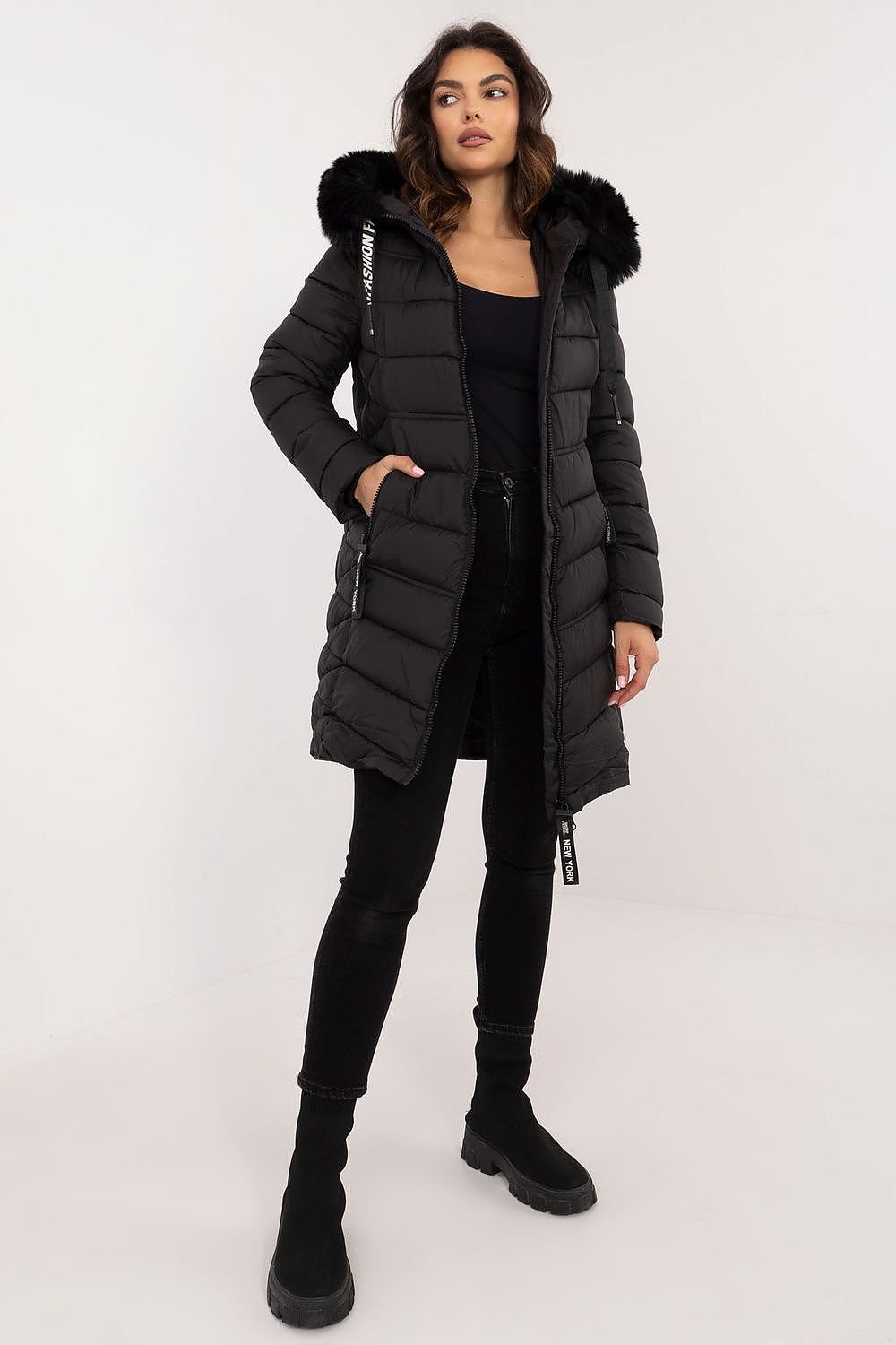 SHIRLYN Quilted Knee-Length Jacket - Detachable Fur, Adjustable Hood