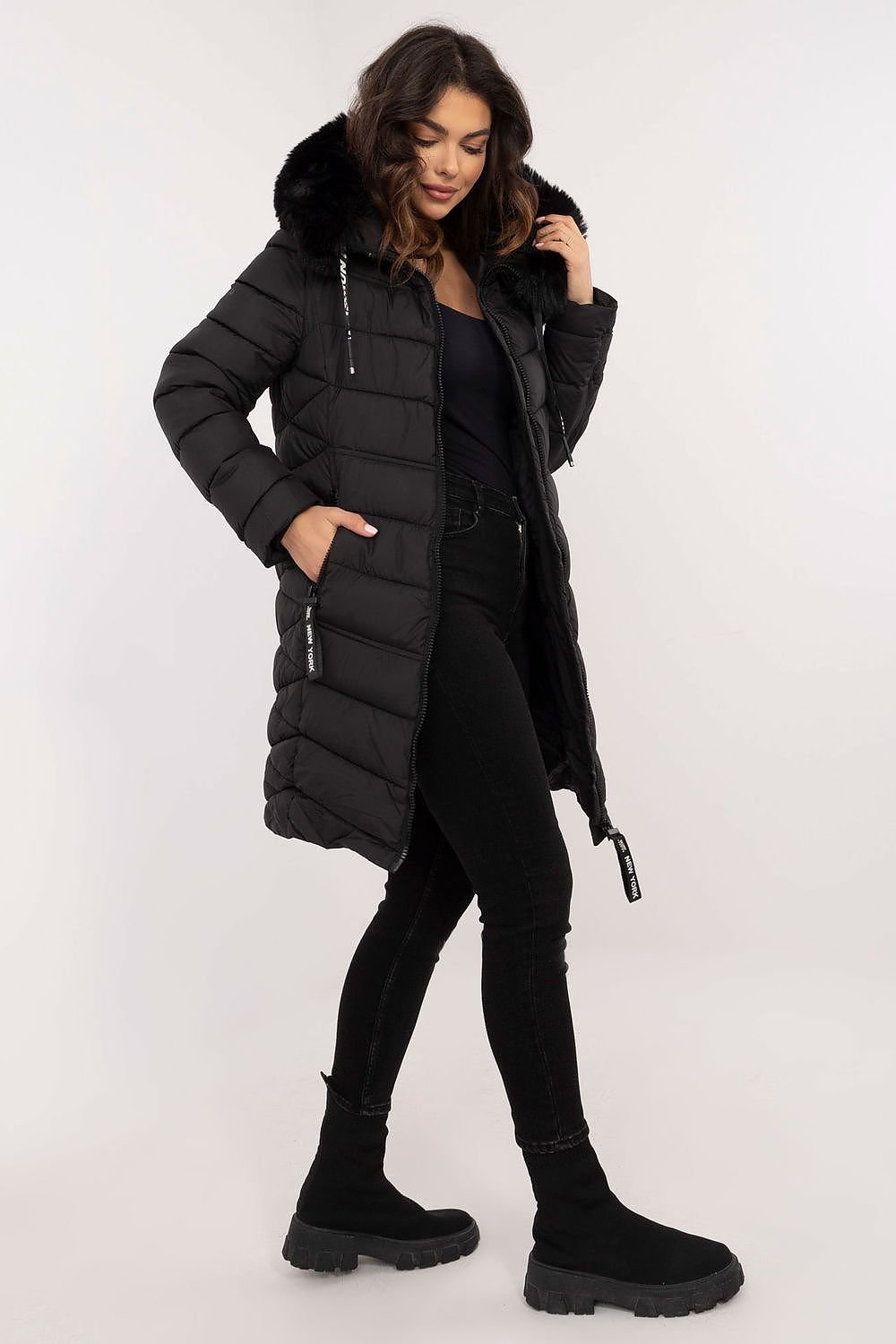 SHIRLYN Quilted Knee-Length Jacket - Detachable Fur, Adjustable Hood