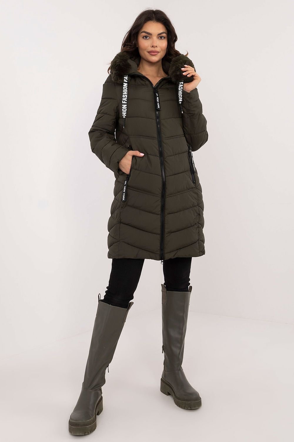 SHIRLYN Quilted Knee-Length Jacket Detachable Fur & Adjustable Hood