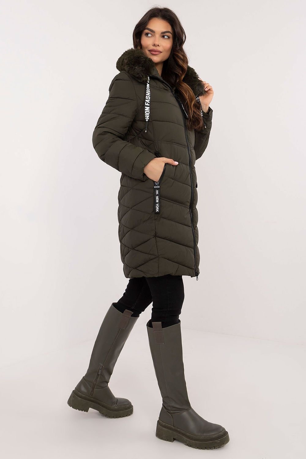 SHIRLYN Quilted Knee-Length Jacket Detachable Fur & Adjustable Hood