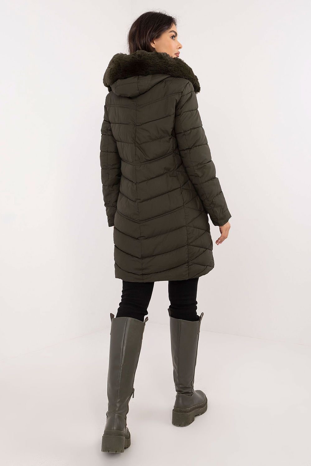 SHIRLYN Quilted Knee-Length Jacket Detachable Fur & Adjustable Hood