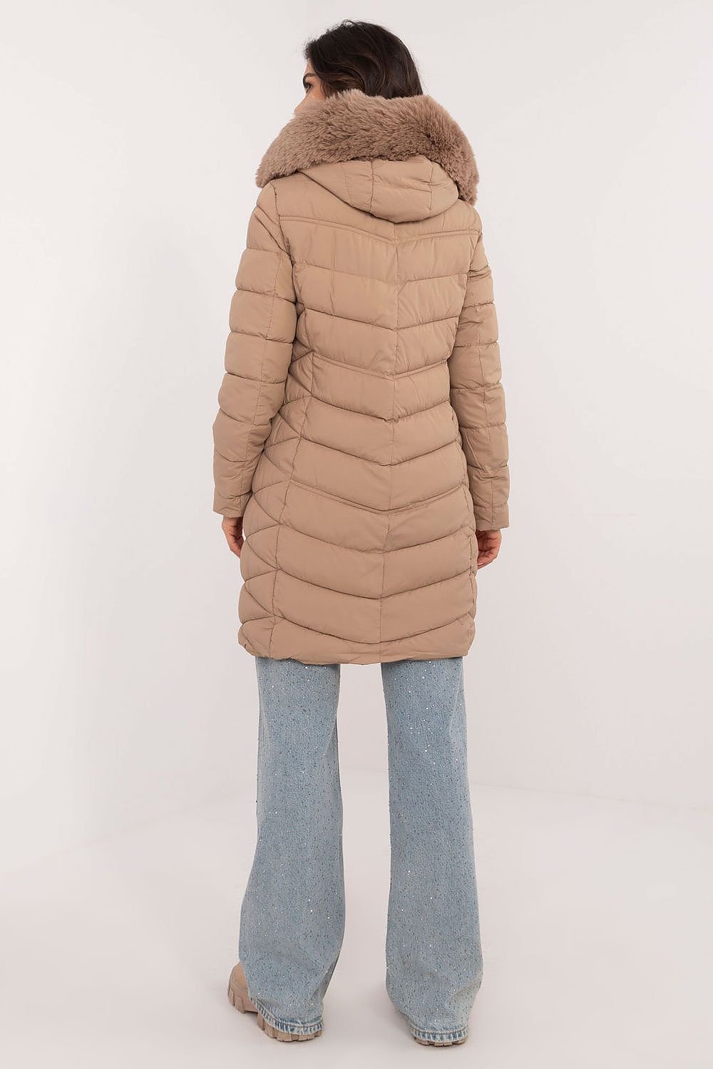 SHIRLYN Quilted Knee-Length Jacket Detachable Fur & Adjustable Hood