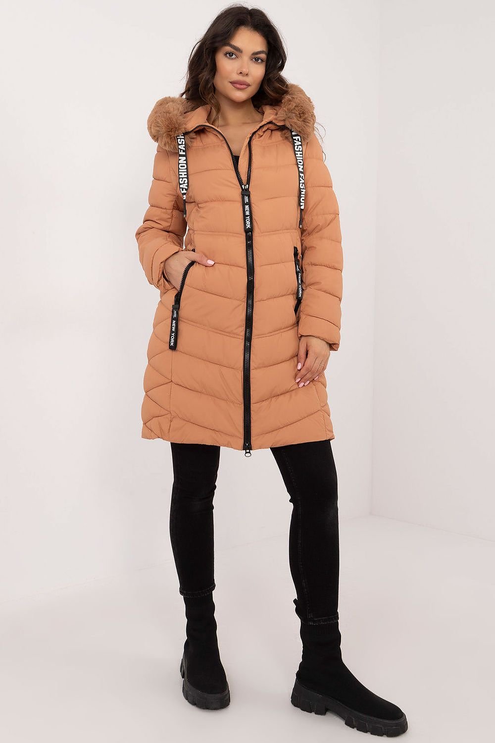 SHIRLYN Quilted Knee-Length Jacket Detachable Fur & Adjustable Hood