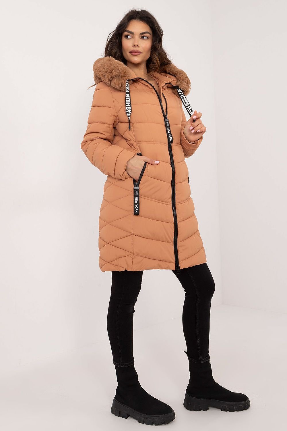 SHIRLYN Quilted Knee-Length Jacket Detachable Fur & Adjustable Hood