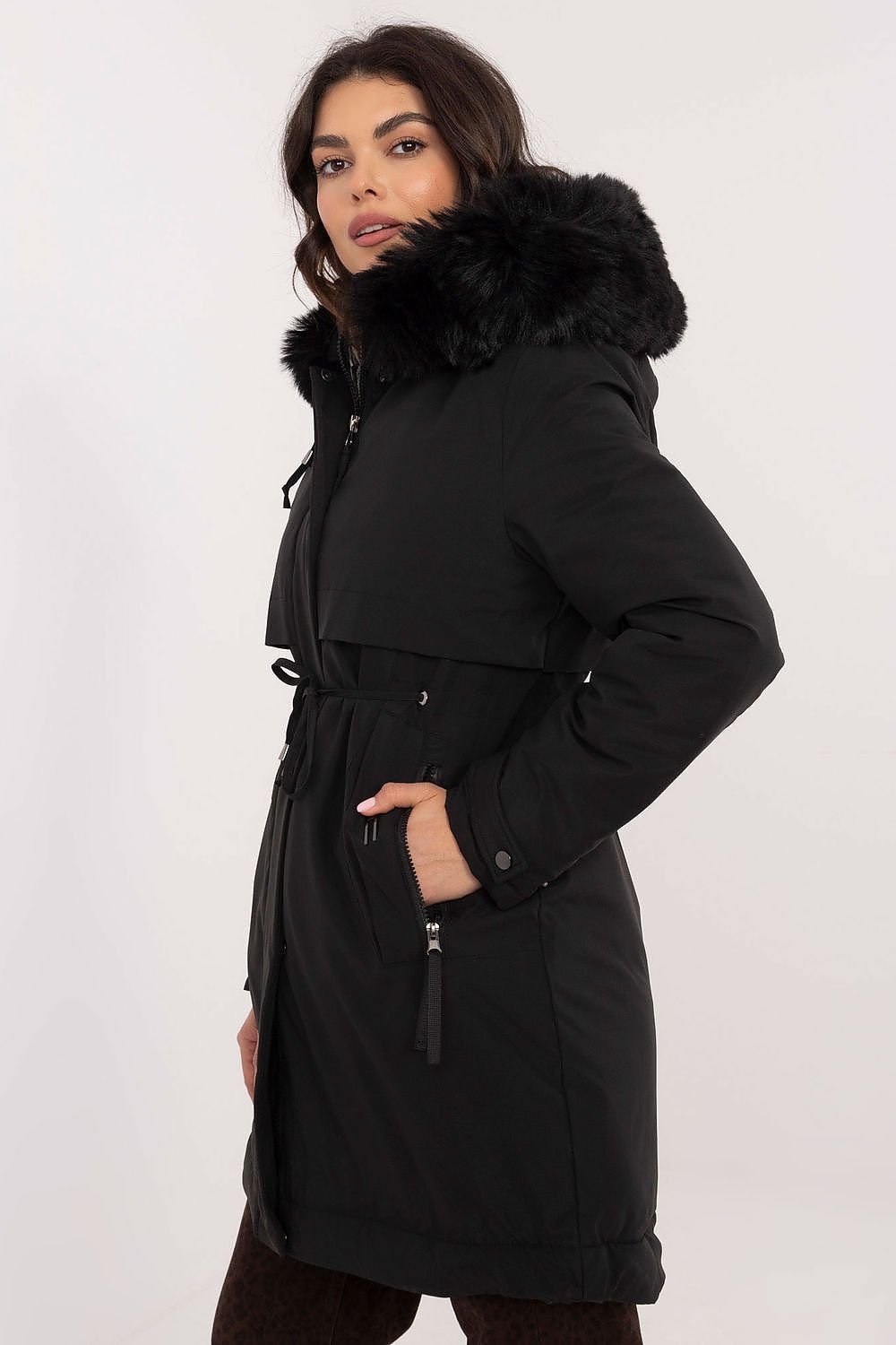 SHIRLYN Quilted Women's Jacket Detachable Fur, Waist Belt, Zipper Closure