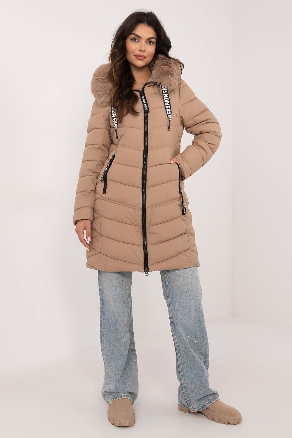 SHIRLYN Quilted Knee-Length Jacket Detachable Fur & Adjustable Hood