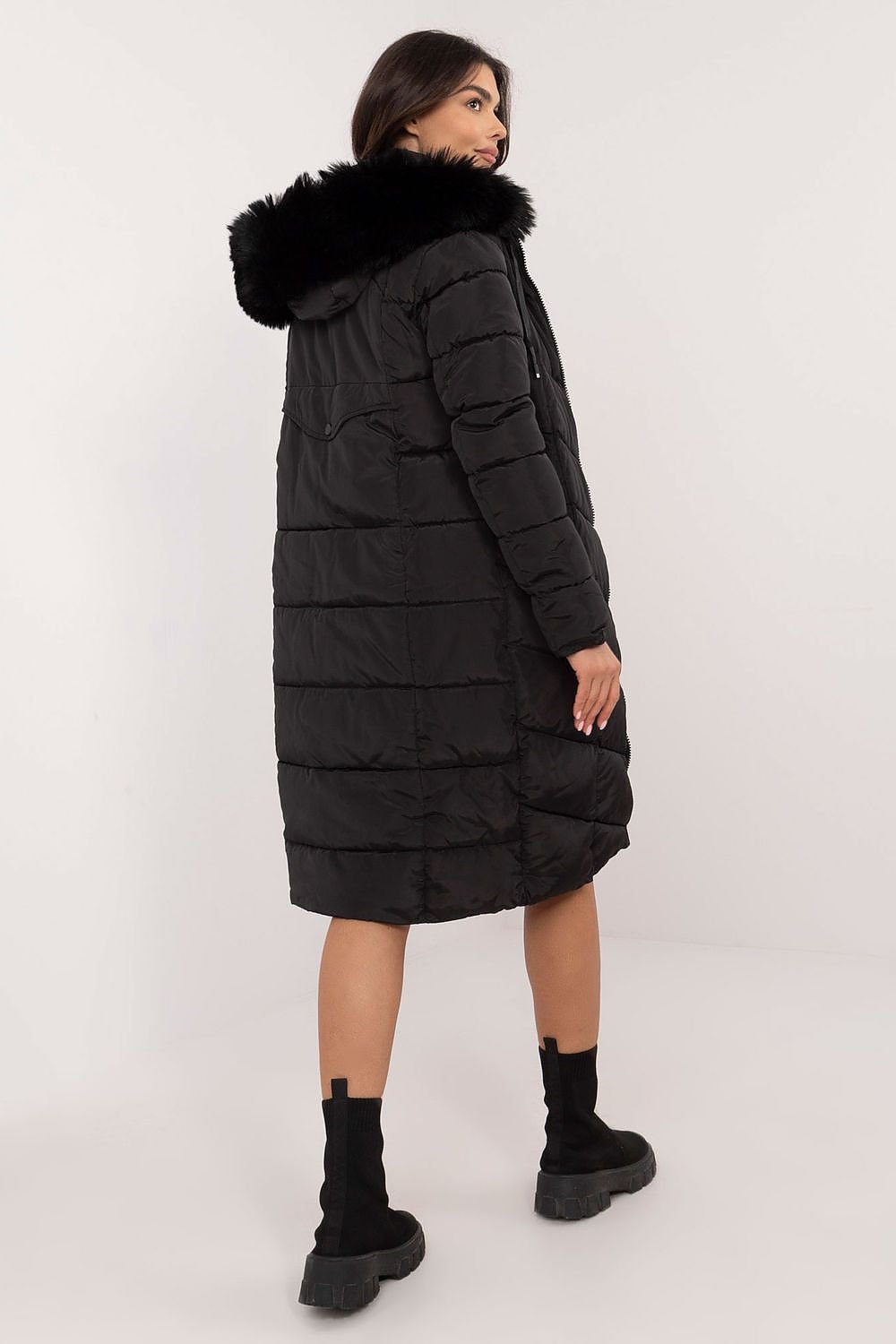 SHIRLYN Long Knee-Length Down Jacket - Quilted, Detachable Hood with Fur