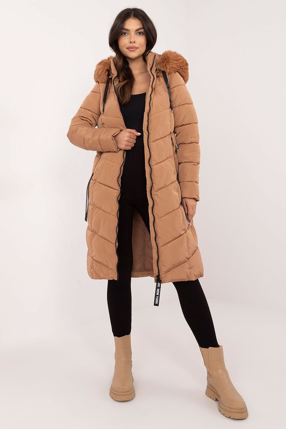 SHIRLYN Long Knee-Length Down Jacket - Quilted, Detachable Hood with Fur