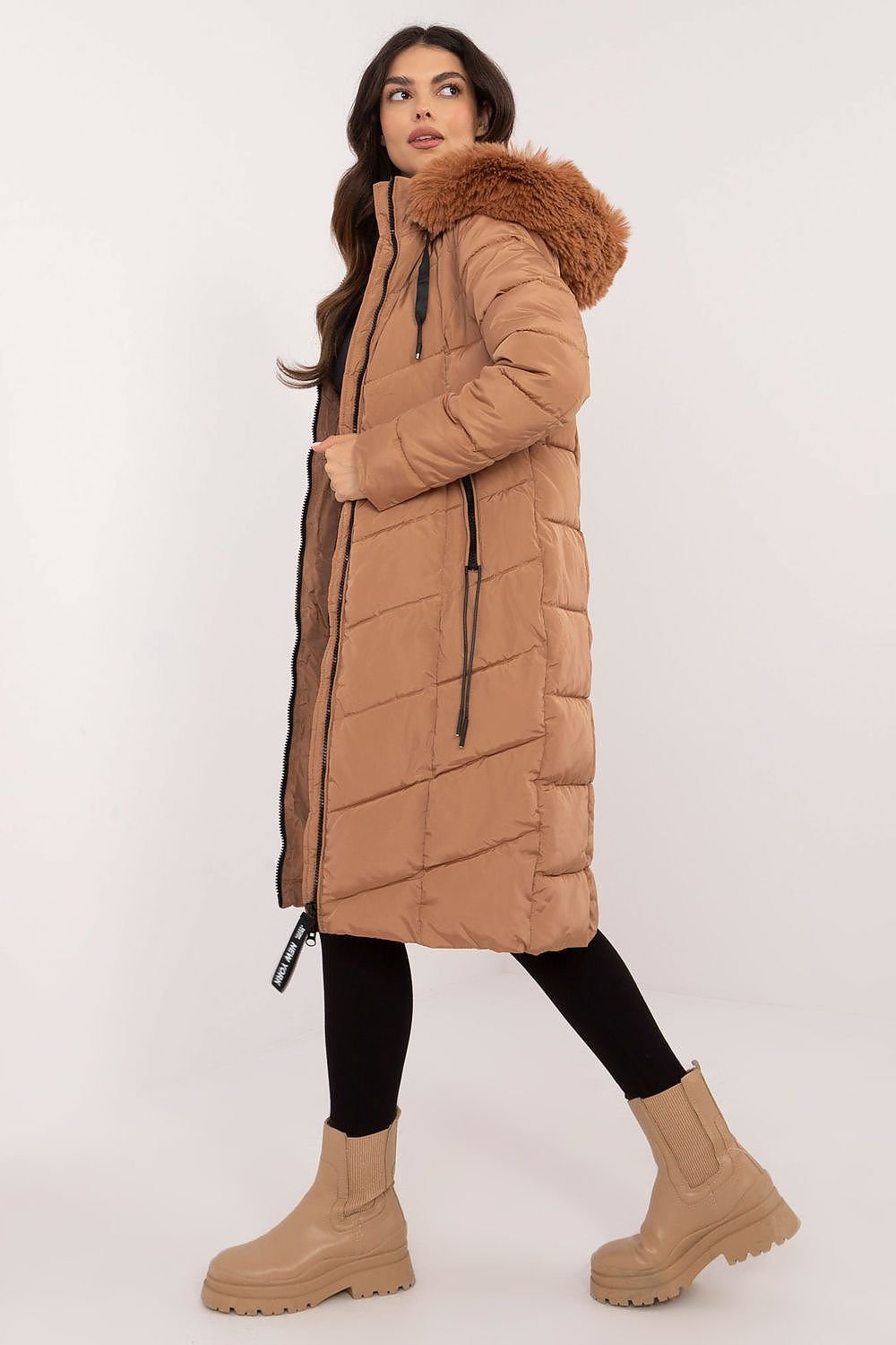 SHIRLYN Long Knee-Length Down Jacket Quilted, Detachable Hood with Fur