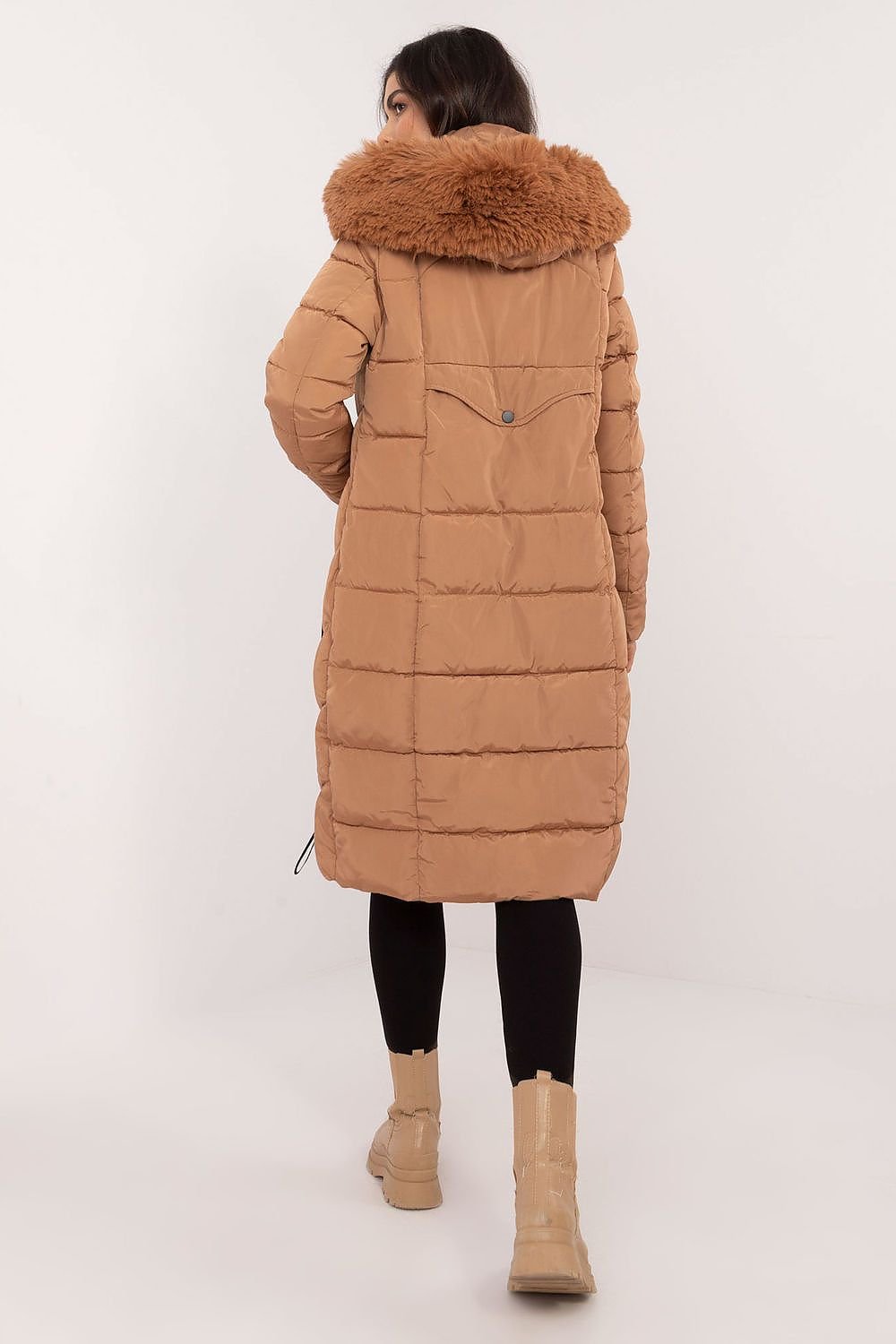 SHIRLYN Long Knee-Length Down Jacket Quilted, Detachable Hood with Fur