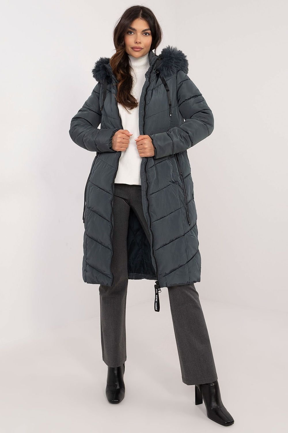 SHIRLYN Long Knee-Length Down Jacket Quilted, Detachable Hood with Fur