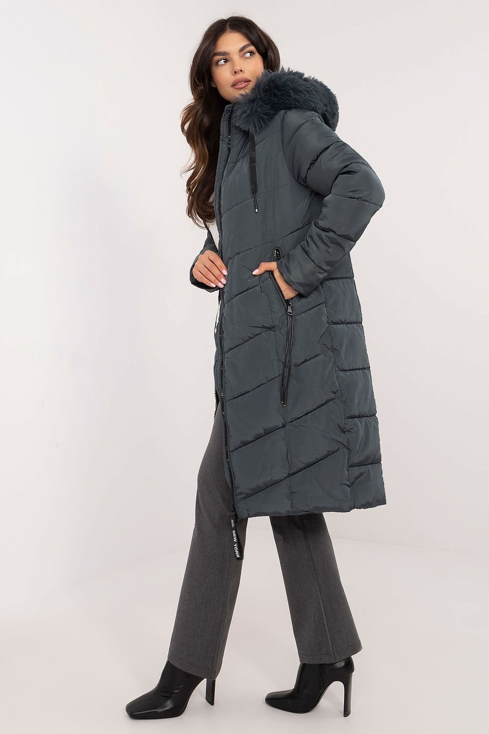 SHIRLYN Long Knee-Length Down Jacket Quilted, Detachable Hood with Fur