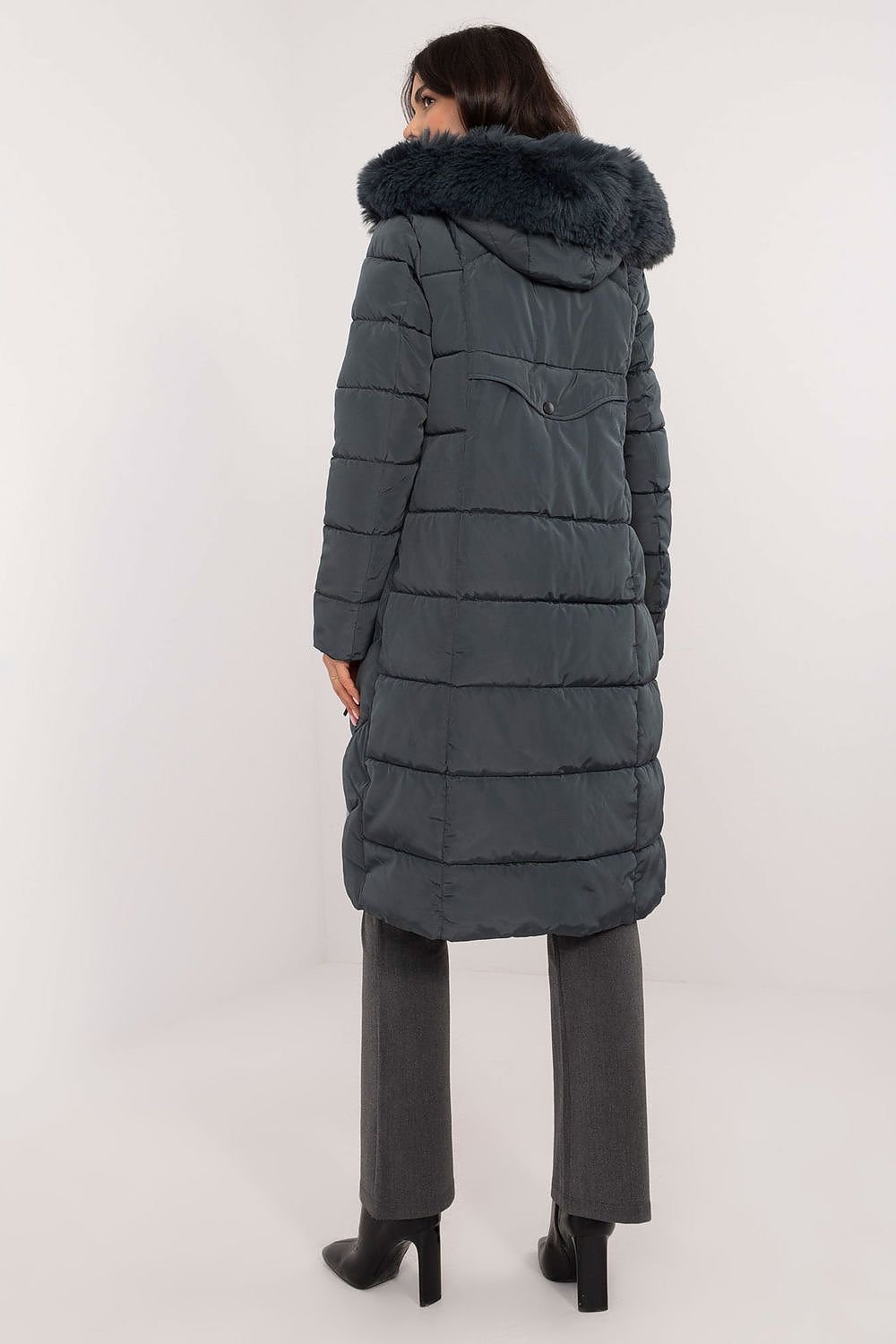 SHIRLYN Long Knee-Length Down Jacket Quilted, Detachable Hood with Fur