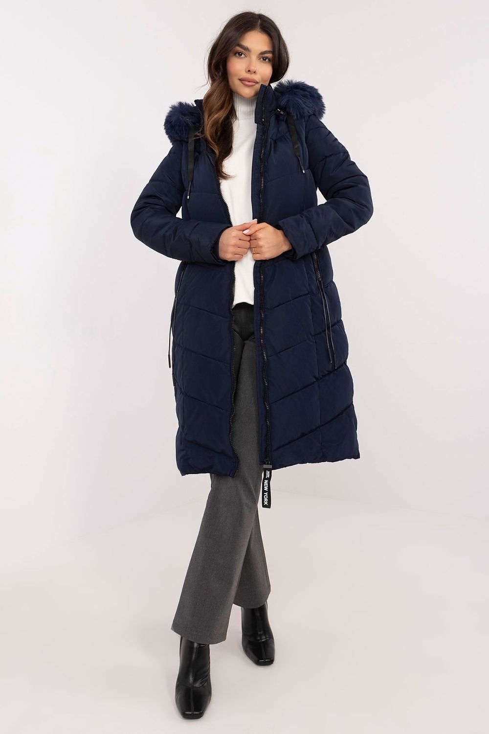 SHIRLYN Long Knee-Length Down Jacket - Quilted, Detachable Hood with Fur