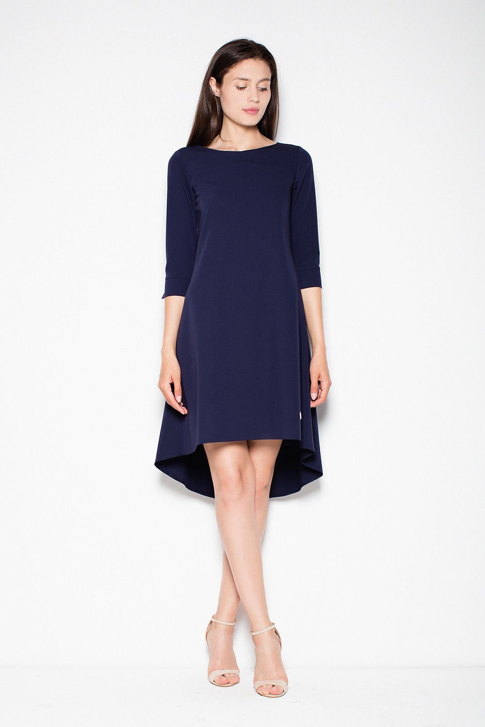 SHIRLYN Asymmetric Back Boat Neck Dress - 3/4 Sleeves & Pleats