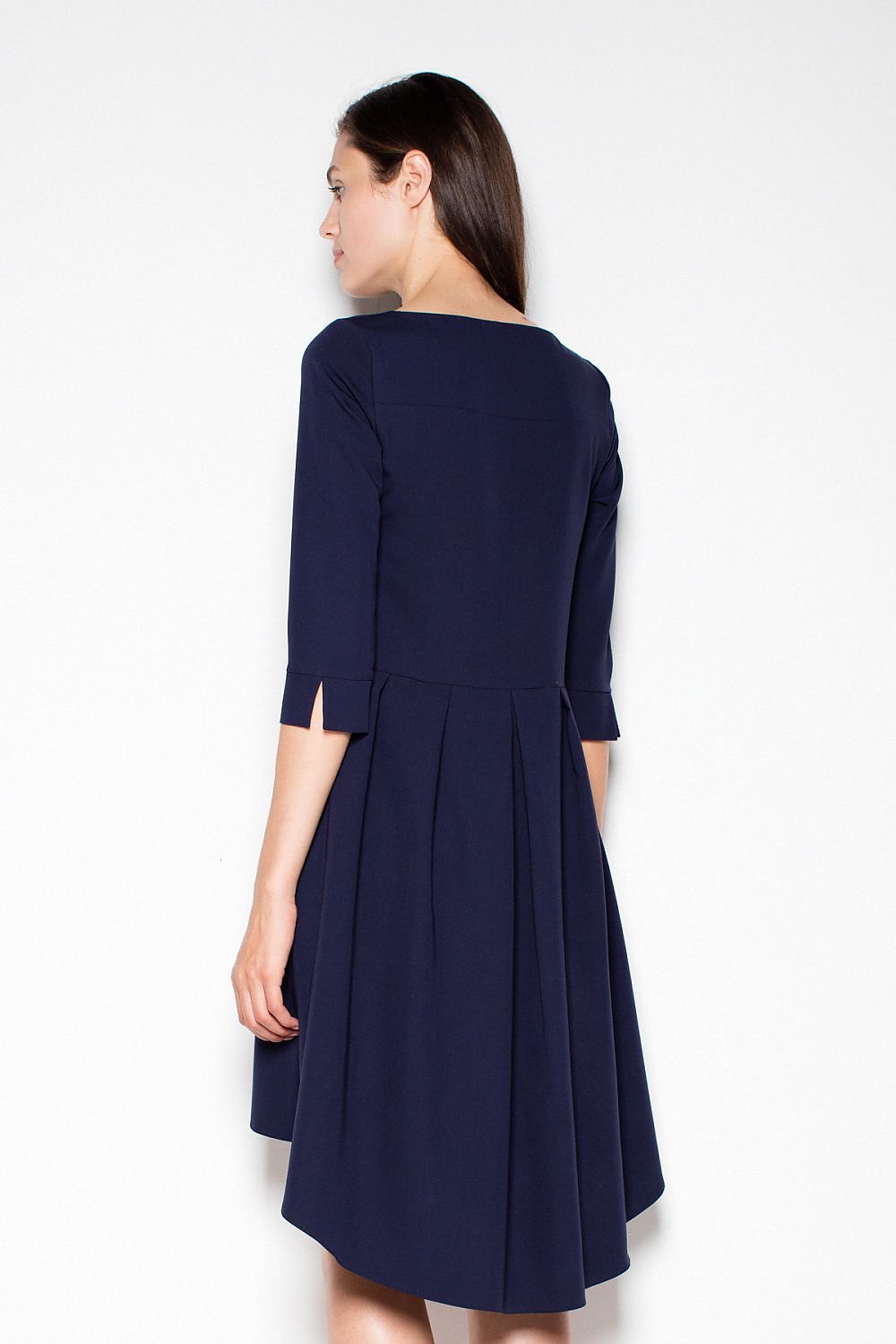 SHIRLYN Asymmetric Back Boat Neck Dress - 3/4 Sleeves & Pleats