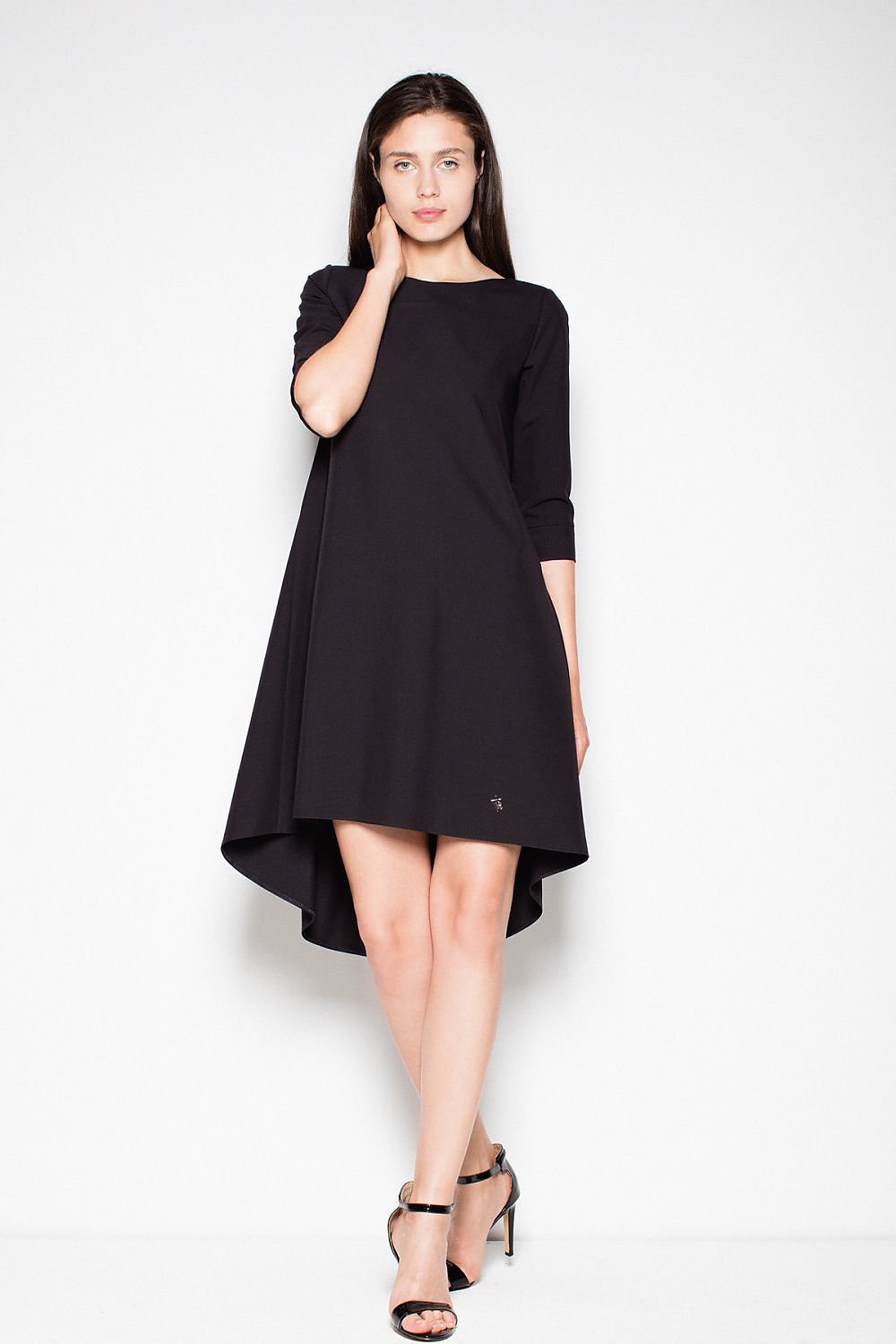 SHIRLYN Asymmetric Back Boat Neck Dress - 3/4 Sleeves & Pleats